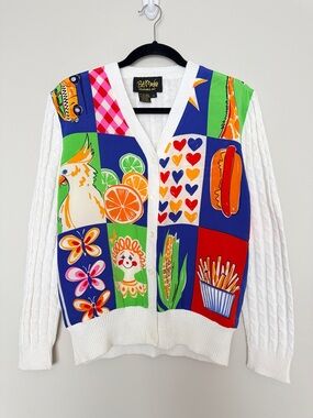 Bob Mackie Wearable Art Silk Button Front Knit Sweater Cardigan Womens Size S